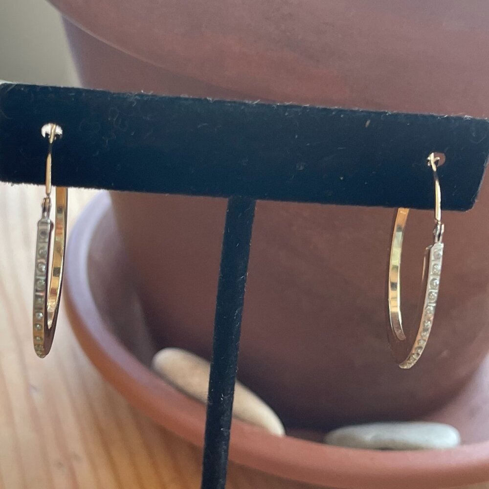 14k Yellow Gold Flat Hoops with Diamond Design